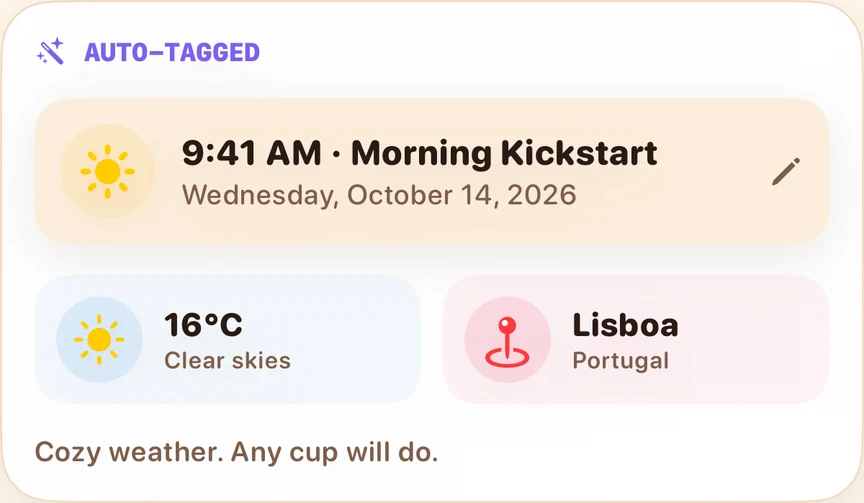 Auto-tagged card: 9:41 AM Morning Kickstart, 16°C clear skies, Lisboa, Portugal