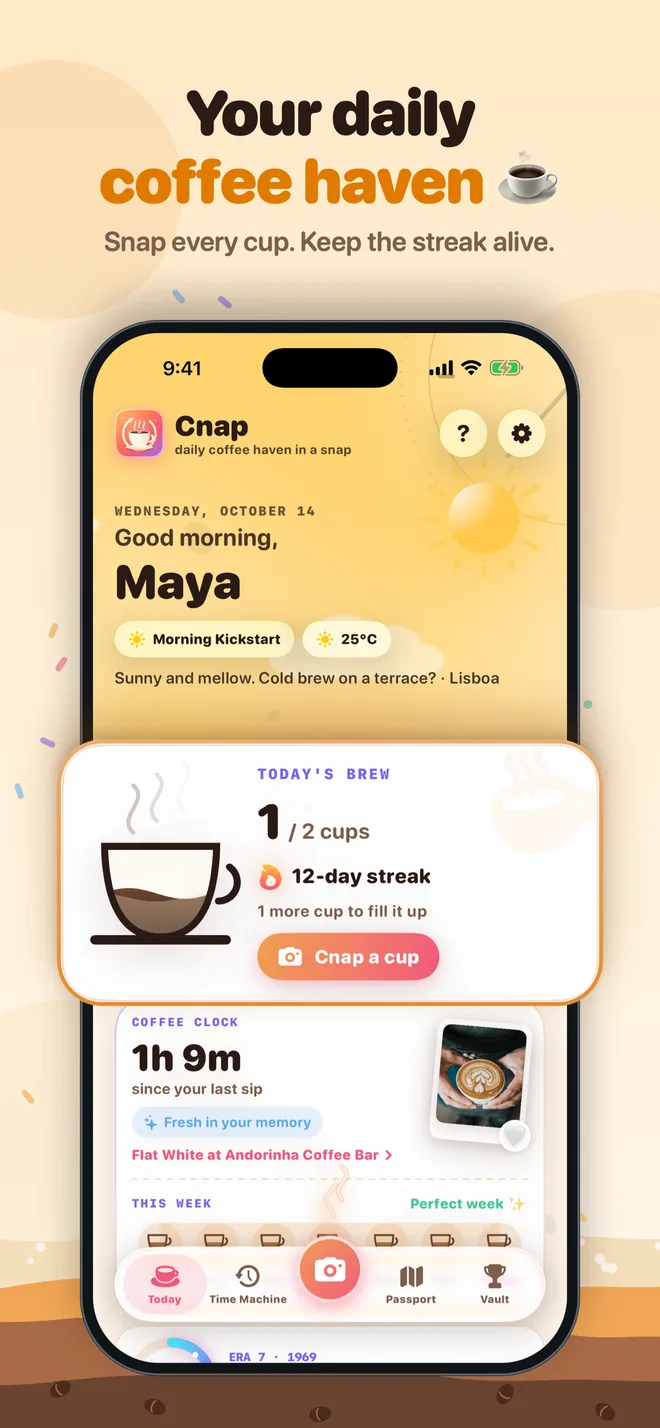 Your daily coffee haven: the Today screen with Today's Brew and the Coffee Clock